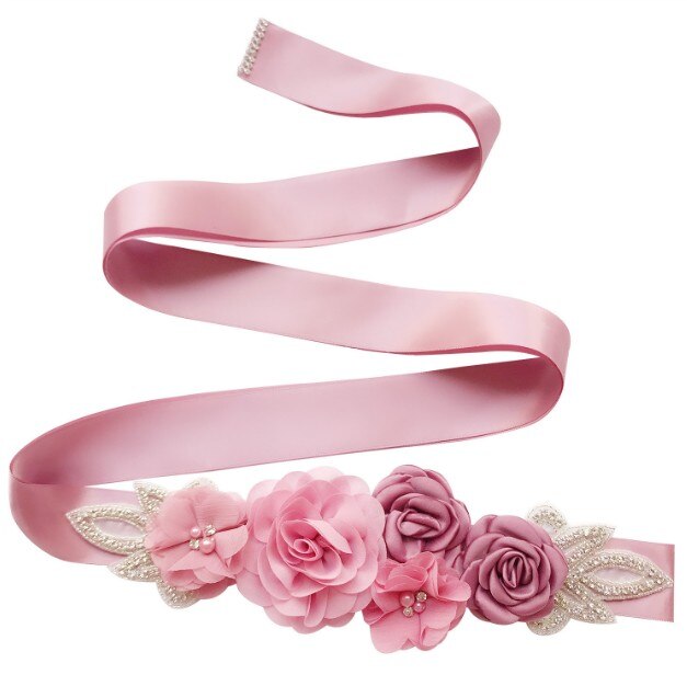 Green Blue Blush Pink White Flower Belts For Women Girl Flower Style Bridal Prom Dress Accessories Bridesmaid Sash Floral Belt: blush