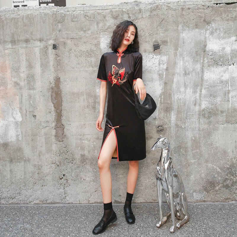 Vrouwen retro chinese stijl sexy print losse grote maten jurk voor vrouwen verbeterde cheongsam jurk