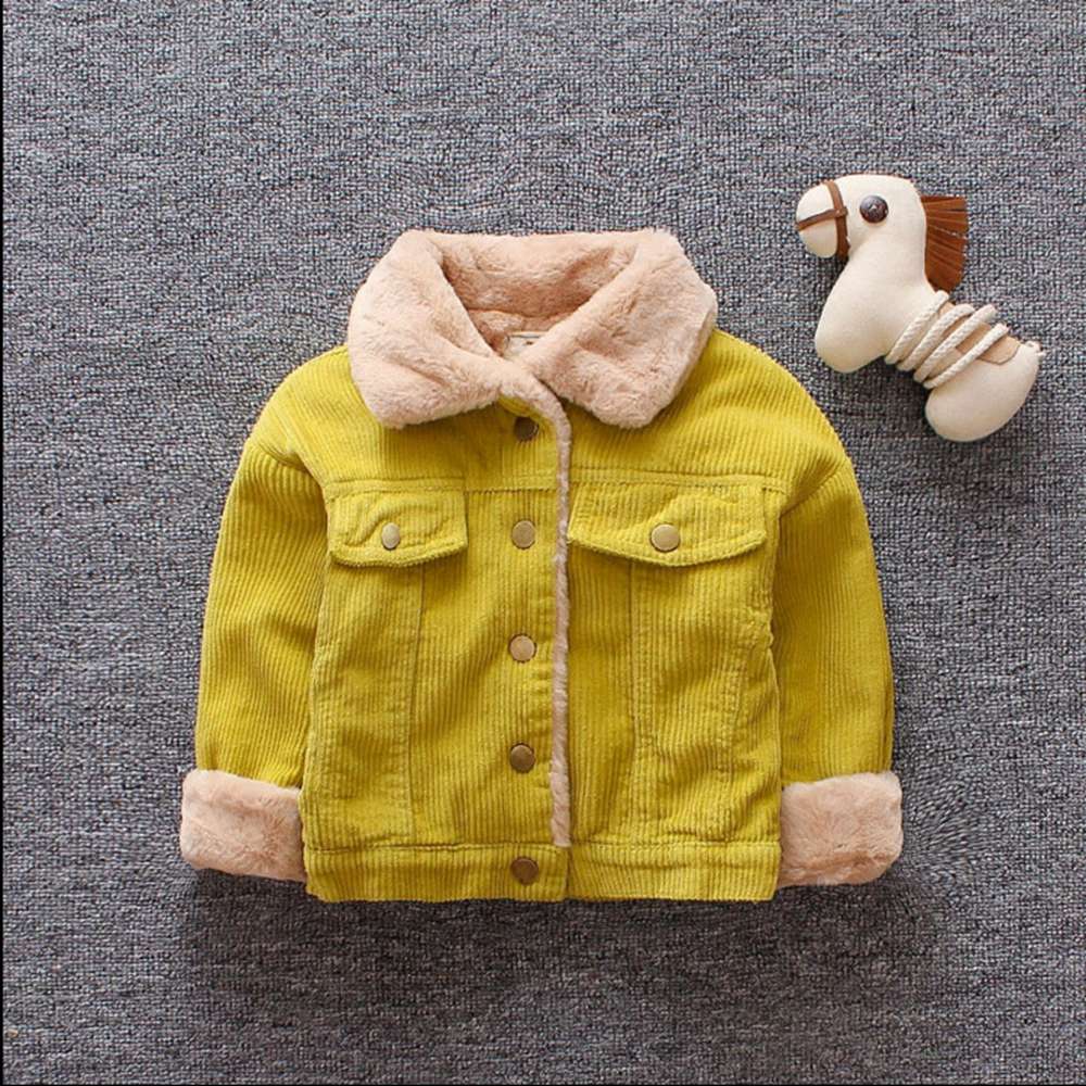 Varm vinterbørn baby drenge fløjl frakke børn revers krage tykkere afslappet corfuroy casacos jakke outwear  s11572: Gul / 18m