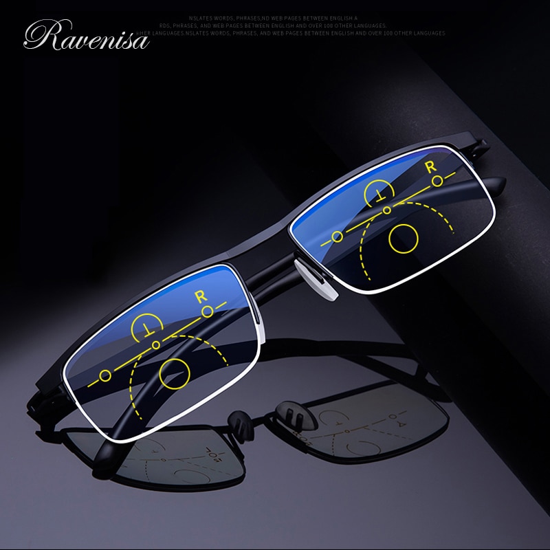 RAVENISA 2021Fashion Progressive Multifocal Reading Glasses With Anti Blue Ray Aspherical Lens Stainless Steel TR90 Frame