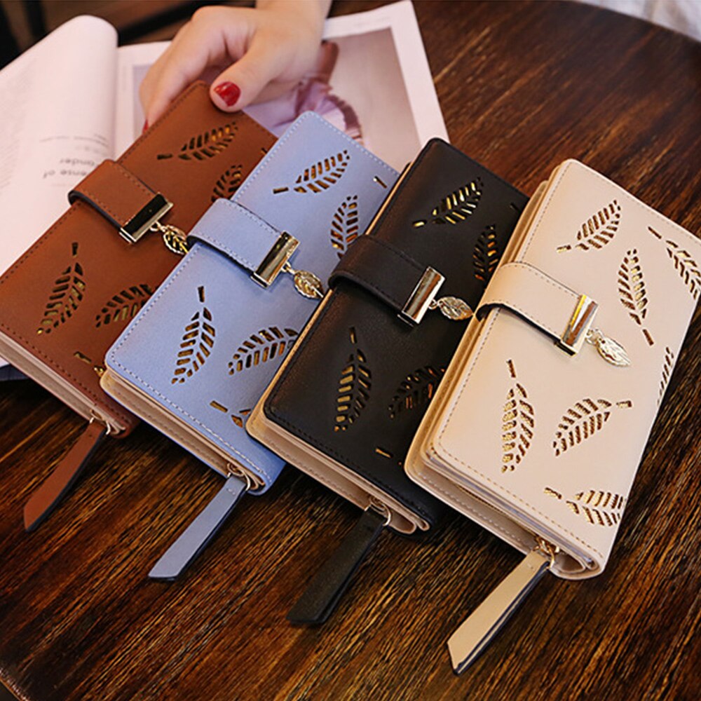 Women Long Wallet PU Leather Purse Female Long Wallet Gold Hollow Leaves Pouch Handbag For Women Coin Purse Card Holders Clutch