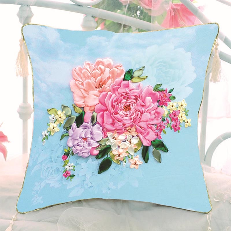 3D DIY Flower Ribbon Embroidery Cushion kit for Beginner Pillowcase Needlework Cross Stitch Sewing Craft Home Decor 45x45cm