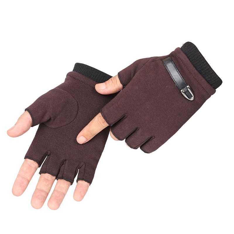 Mænd vinterhandsker fleece varm strækning halv finger handsker unisex fingerløse vanter udendørs cykel kørsel sort herre handsker: Brun