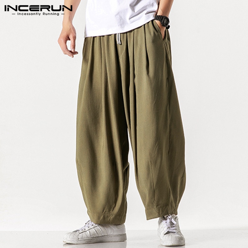 Men Wide Leg Pants 2022 Drawstring Joggers Plain Pockets High Street Casual Trousers Men Baggy Harem Pants INCERUN S-5XL