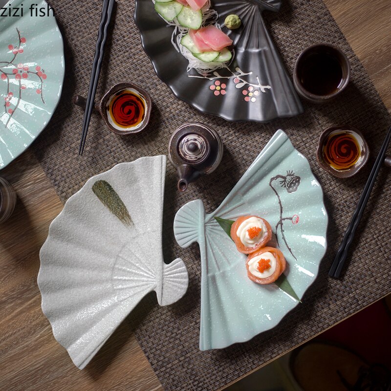Japanse Geglazuurd waaiervormige Servies Keramische Sushi Schotel Wit/Zwart/Groen Creatieve waaiervormige Snack Plaat