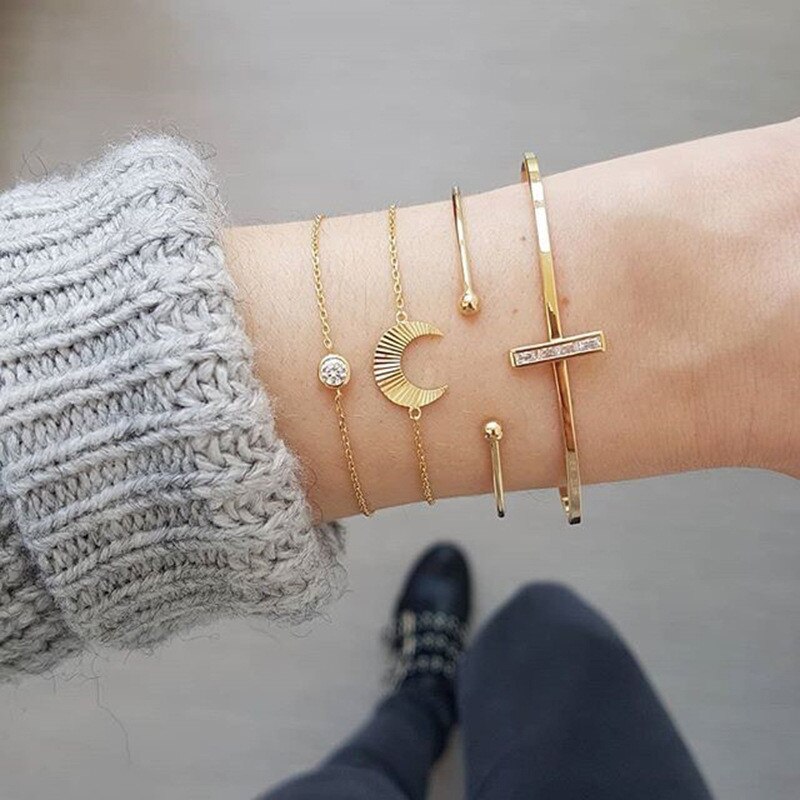 WUKALO Charm 4 stks/set Damesmode Kristal Cirkel Blad Ketting Gouden Kleur Gesimuleerde Parel Armband Set Party Bruiloft Sieraden: 83418