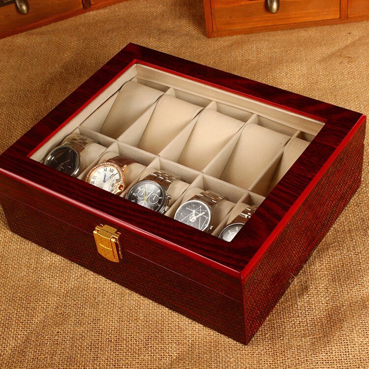 (Speciale Prijs) 10 Slots Hout Horloge Display Dozen Case Licht Rode Houten Horloge Organizer Mechanische Horloge Opslag Gevallen