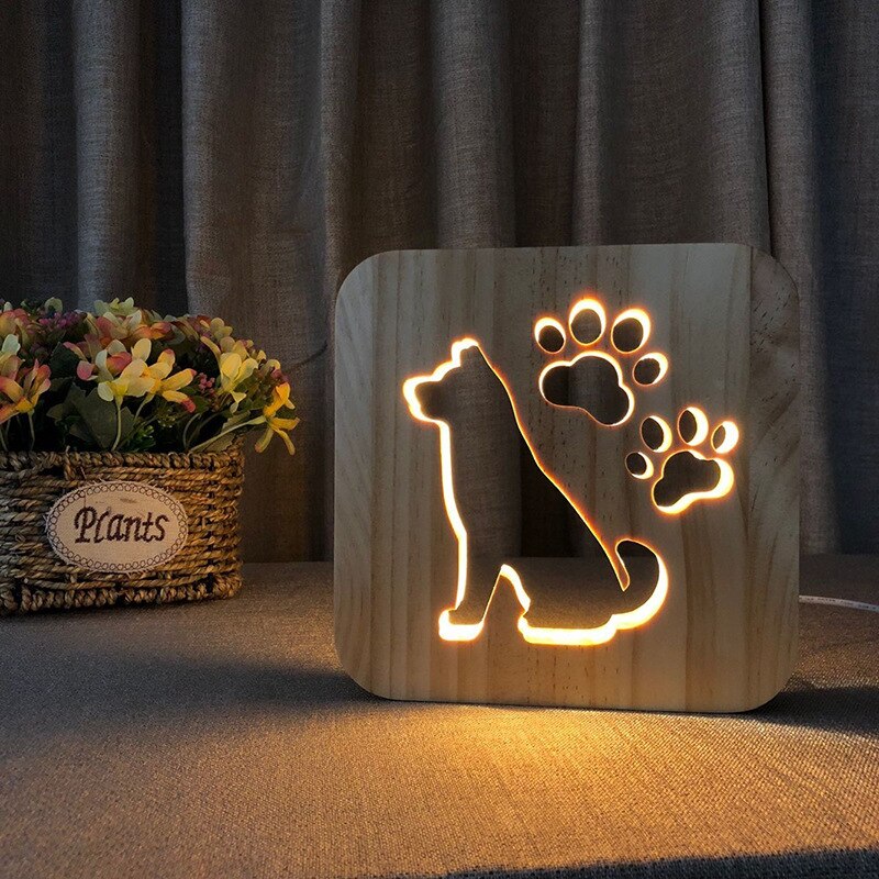LED USB Night Light Wooden Dog Paw Cat Wolf Head Animal Lamp Novelty Kid Bedroom 3D Decoration Table Lights Child