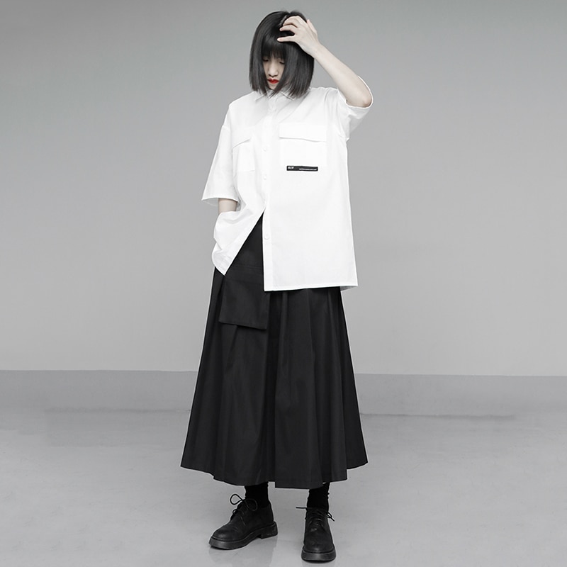 [EAM] taille haute noir poche fendue Joint plissé tempérament demi-corps jupe femmes marée printemps automne 1U326