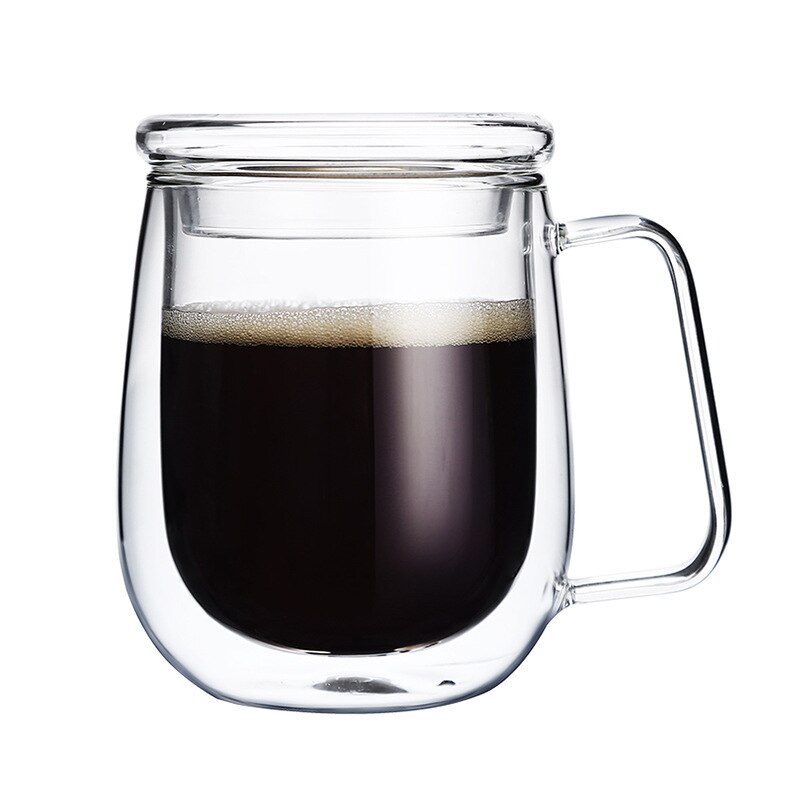 Double Wall Glass Insulated Coffee Mugs Tea Cup Thermo Drinking Glasses Verre Double Paroi Theeglas with Handle for Home Office: Cup and Lid