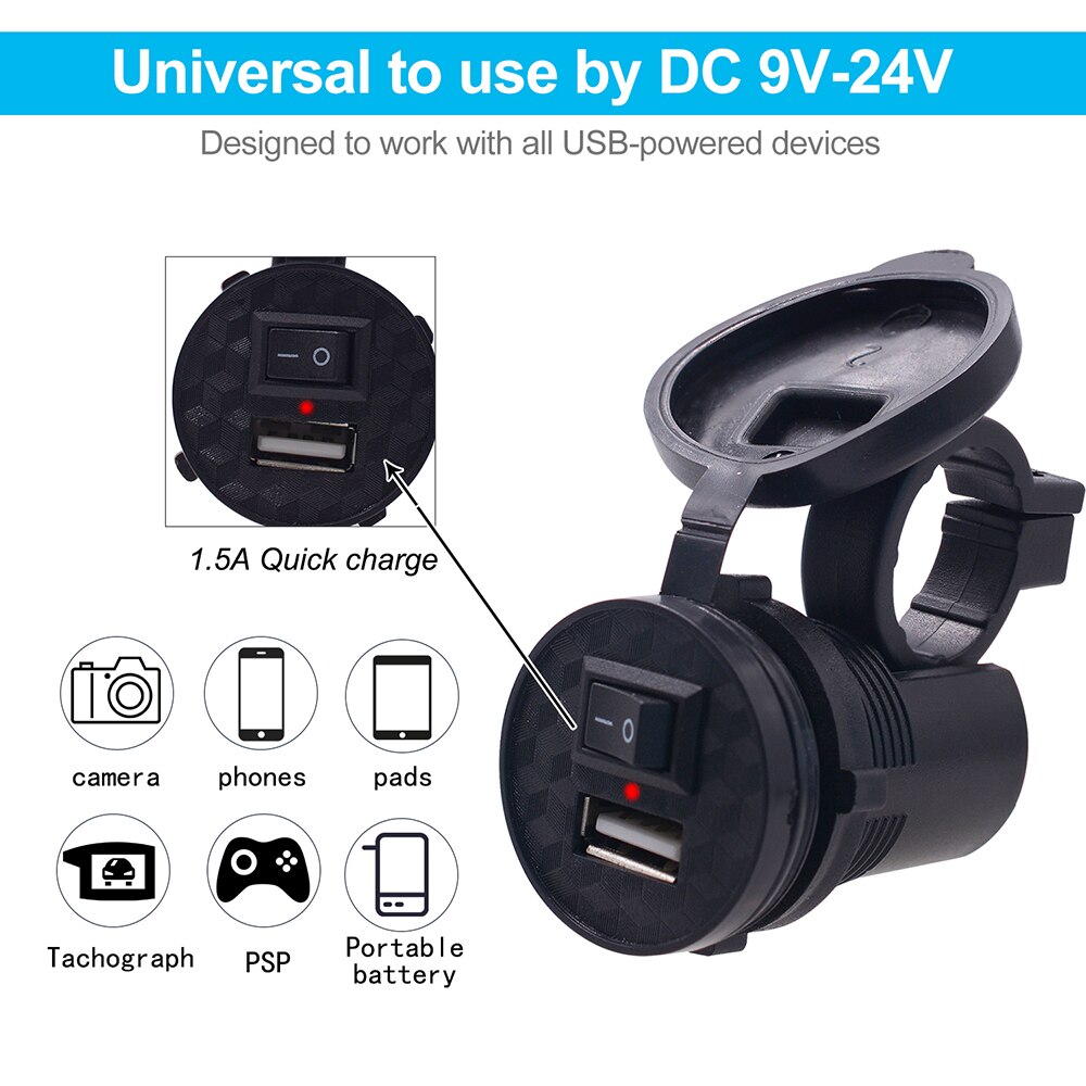12V/ 24V USB Motorcycle Waterproof Switch Motorcycle Socket Motorbike Phone Charger Cigarette Lighter Adapter