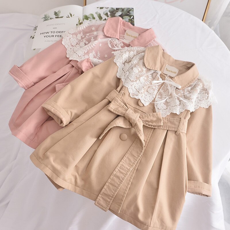 Wugege meisjes trenchcoat herfst kinderkleding schattige kinderkleding met lange mouwen bovenkleding baby's effen trenchcoat met zachte kant jassen
