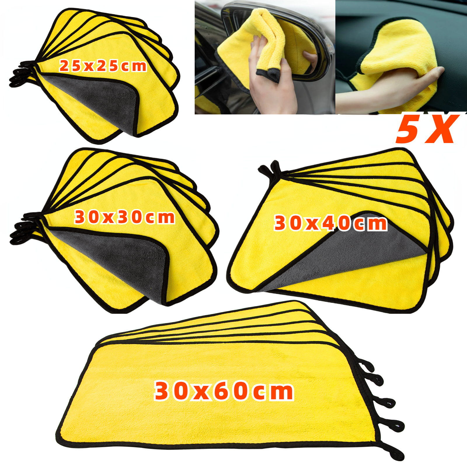Toalla de microfibra para lavado de coches, 5 uds., 4 tamaños, paño de limpieza y secado, toalla de secado, cuidado del coche, detalles, suministros de toallas para lavado de coches