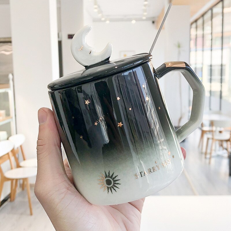 Gradient Sterrenhemel Mok Met Deksel Lepel Leuke Water Cup Koreaanse Stijl Persoonlijkheid Kantoor Huishoudelijke Koffie Mokken Paar Kopjes: Sun Mug