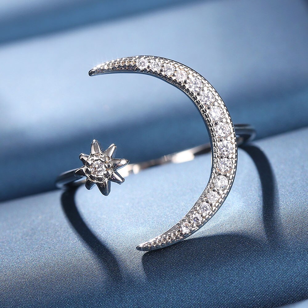 Criatividade design lua estrela anéis redimensionáveis strass mosaico senhoras anel jóias prata cor festa data acessórios de casamento
