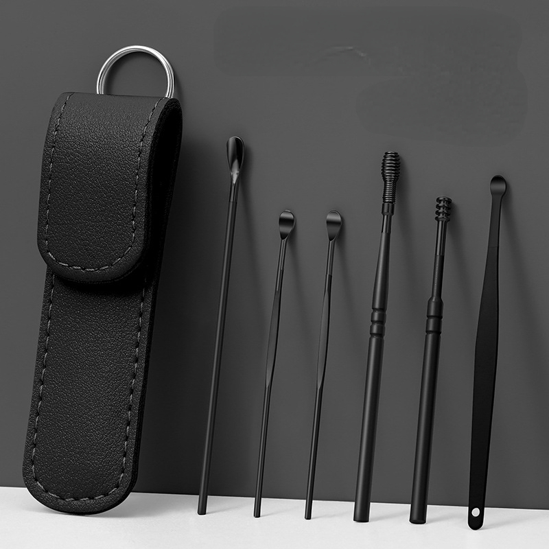 Juego de 6 unidades de limpiador de oídos, removedor de cera de los oídos, cuchara para los oídos, cureta, limpieza de los oídos, palillo en espiral, fácil eliminación de cera de los oídos: Negro