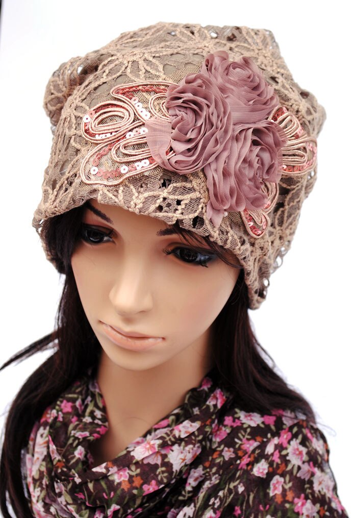 Bonnet femme Pilecap femme printemps et automne dentelle mince poche découpe maille chapeau mois de cap embout turban chapeau couvrant: Kaki