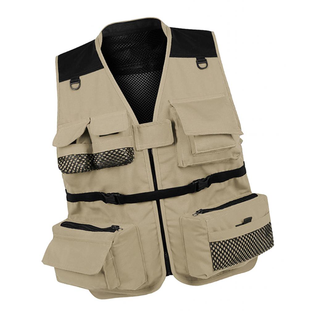 Multi Pocket Mesh Vest Photography Hunting Fishing Jacket Gilet: khaki L