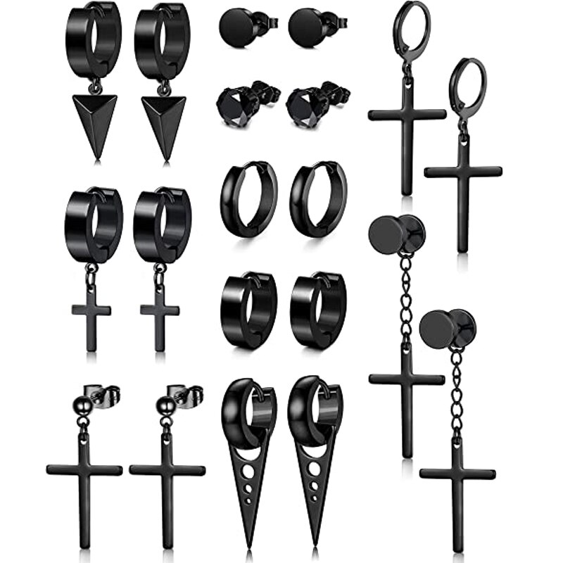 10 Pairs of Stainless Steel Cross Pendant Hinge Ring Earrings Cubic Zirconia Ball Earrings Sizes Tunnel Ring Earrings Black