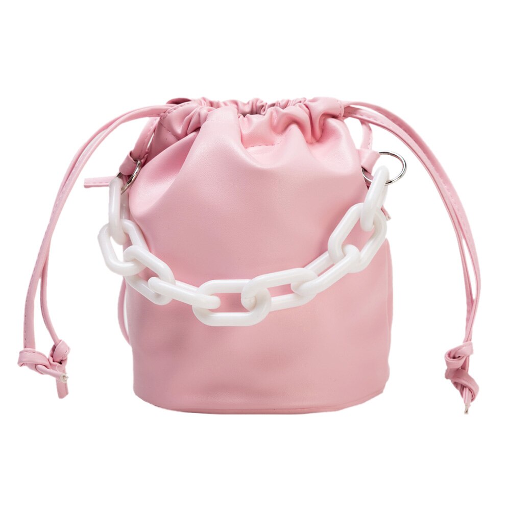 Drawstring Shoulder Bag Women PU Chain Bucket Handbags Female Solid Color Purse Youth Ladies Simple Versatile Bag: Pink