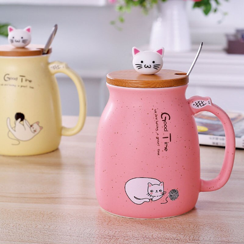 BAISPO-taza de gato con tapa, Taza de cerámica portátil, taza para café o leche, de oficina para niños, taza creativa con cuchara y tapa ecológica