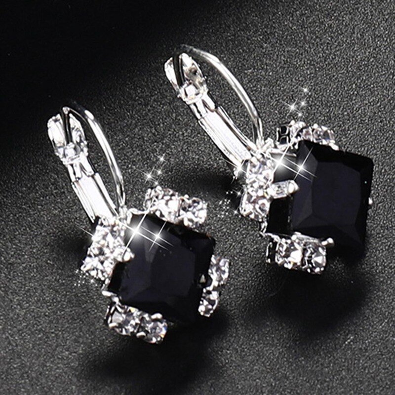 Silver Color Square Earrings Purple Red Blue Black Austrian Crystal Rhinestone Earring For Women Wedding Jewelry: BK