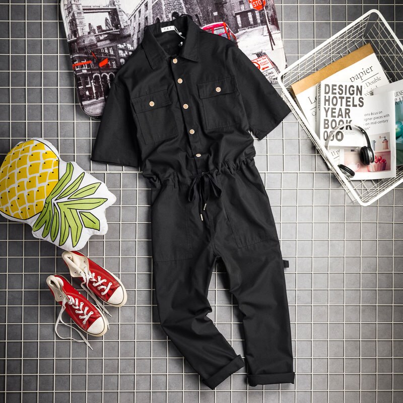 Monos de verano para hombre, mono de algodón con solapa, hasta el tobillo manga corta, ropa de calle de Hip Hop, pantalones holgados de ocio, color negro y amarillo: XXL 70 - 80 KG / Negro