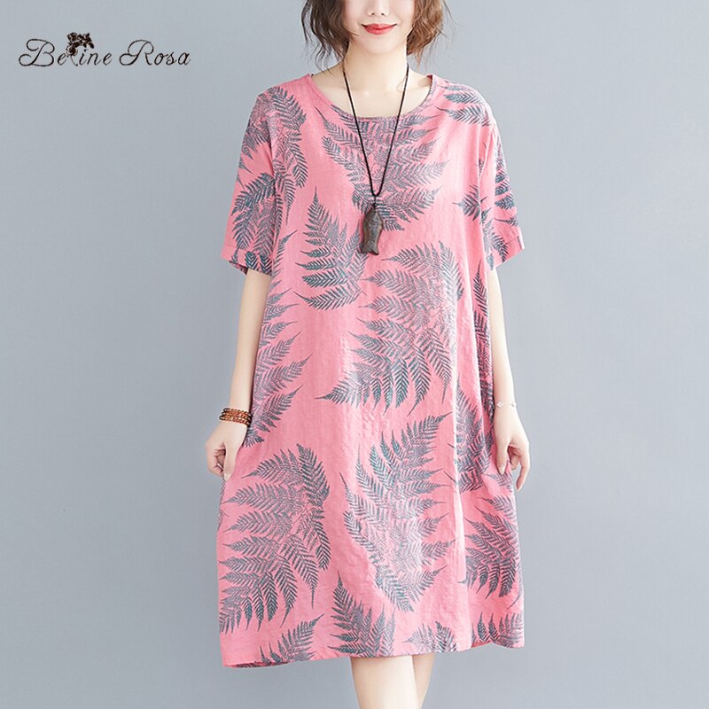 BelineRosa-vestido holgado de lino y algodón para mujer, ropa de talla grande para vacaciones en Hawai, BSDM03437,
