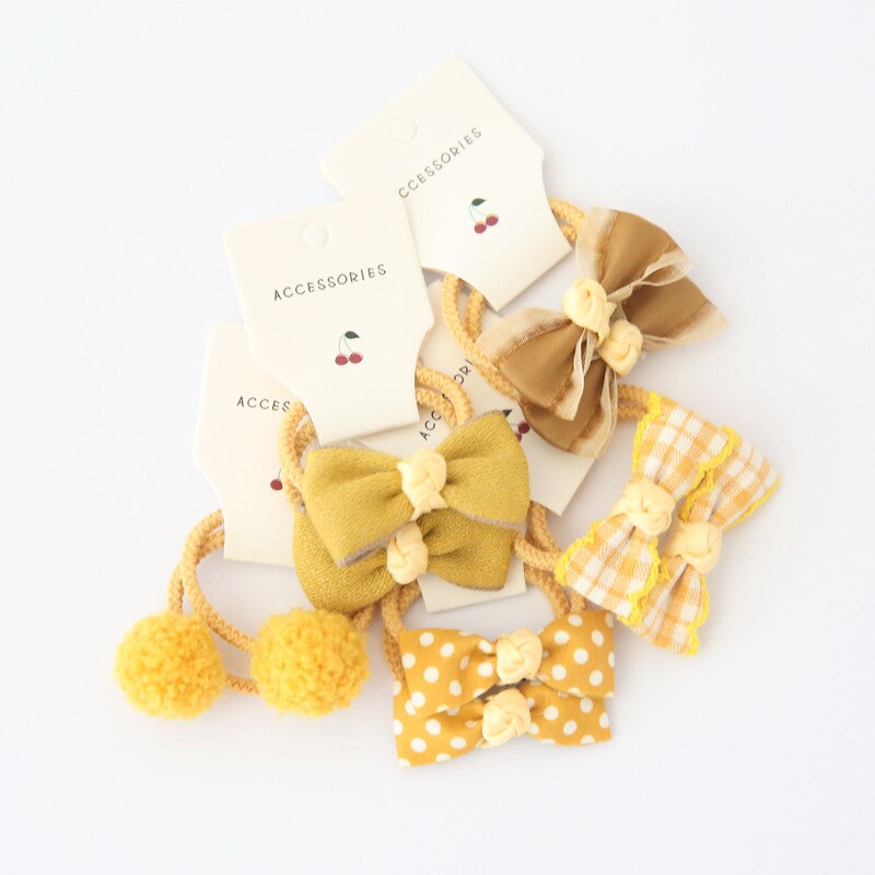 10Pcs/Lot Sweet Hair Band Girls Hair Ties Bows Elastic Rubber Band Flower Small Ball Scrunchies Baby Kids Hair Accessories: yellow set