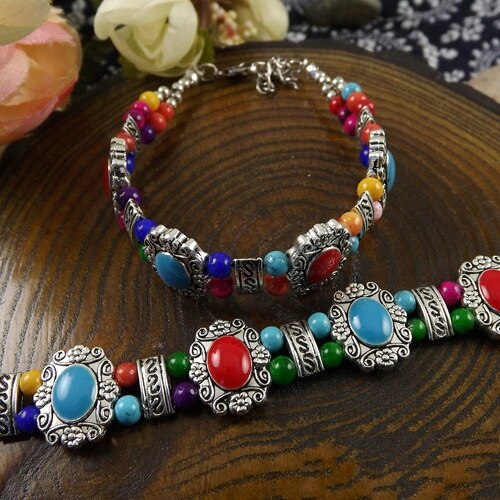 Tibetan Silver color Bohemia Bracelet Bead Stone Adjust Size Bangle Jewelry Blue/Red/Black A207G