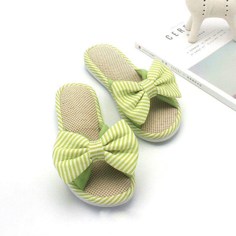 Intérieur maison pantoufles couleur bonbon printemps femmes chambre dessin animé noeud papillon dames diapositives confortable coton plancher lin maison chaussures