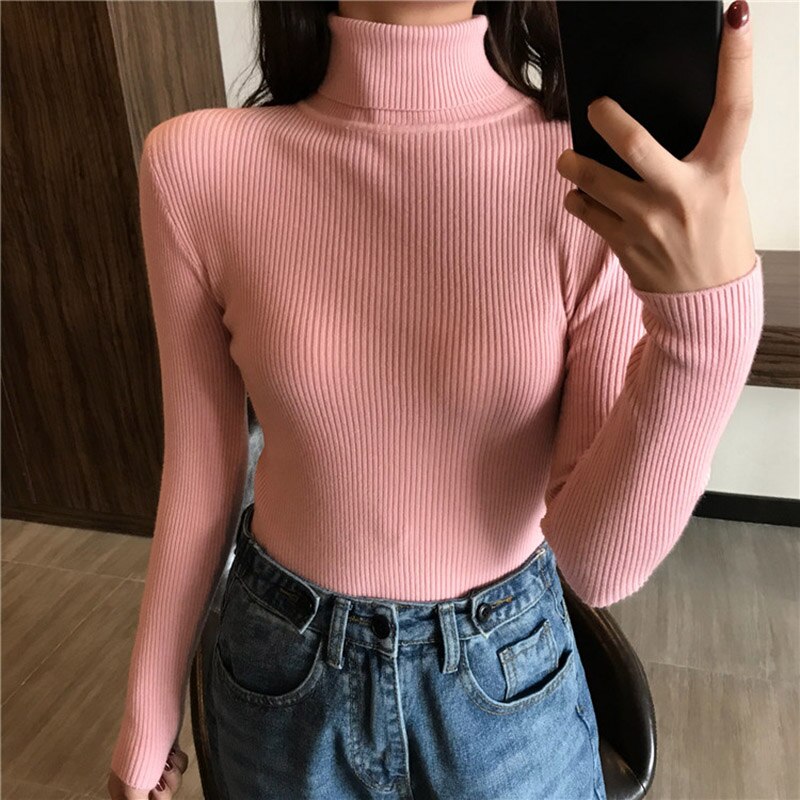 Pull épais pour femmes, Pull tricoté côtelé, Pull à manches longues, col roulé, Pull Slim et pour femmes, collection automne et hiver: Rose
