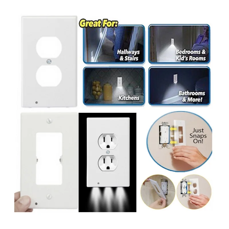 Duplex Electrical Outlet Modern Plugboard Plug-In Electrical Receptacle Wall Plate With LED Night Lights - Auto On/Off Sensor