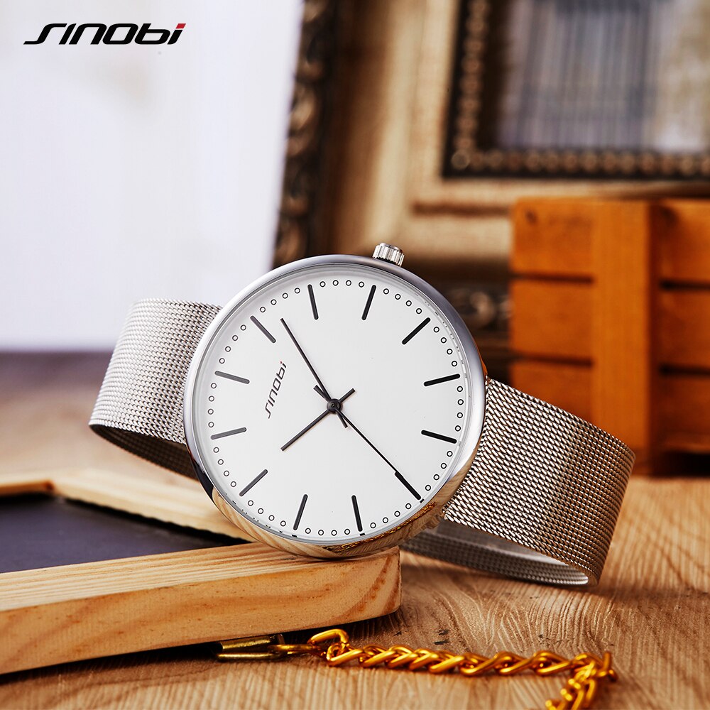 Sinobi Minimalistische Heren Horloge Ultra-Dunne Top Casual Vintage Milan Mesh Rvs Horlogeband Analoog Horloge Reloj