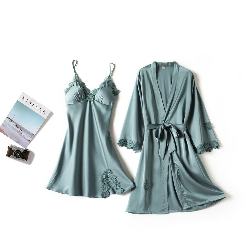 Vrouwen Sexy Intieme Nachtkleding Set 2 Stuks Nachtjapon Kant Zijde Lady Robe Set Brides Bruidsmeisje Wedding Robe Slaap Slijtage Jurk: Blauw / Xl