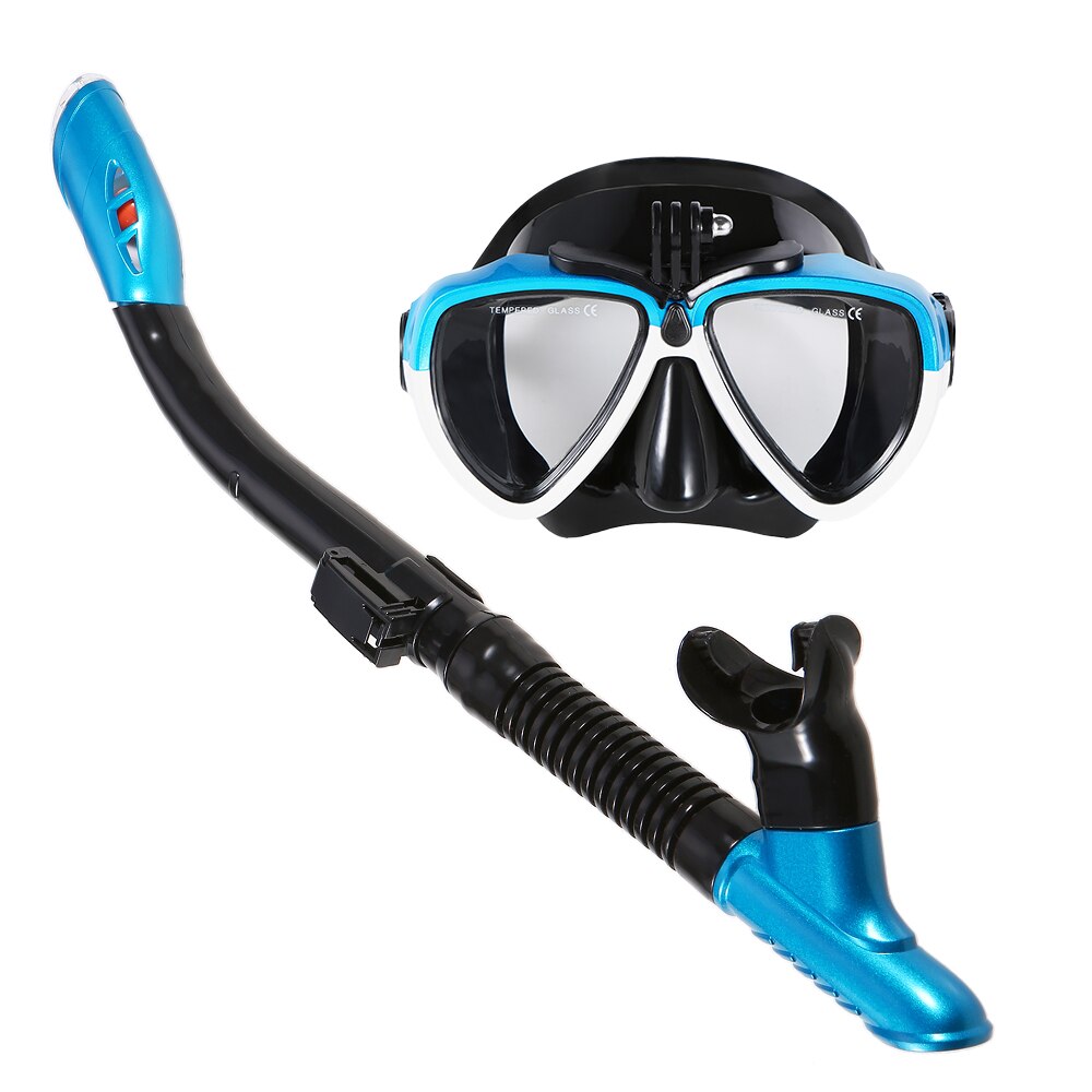 Lixada dykmask scuba snorkel simglasögon torr snorkel tub set män kvinnor anti-dimma dykglasögon för kamera: Blå