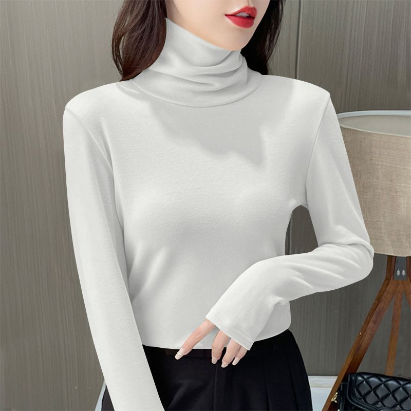 Roupa interior térmica feminina inverno engrossar gola alta camisa inferior de veludo quente topos semi gola alta pulôveres de manga longa: M / Blue