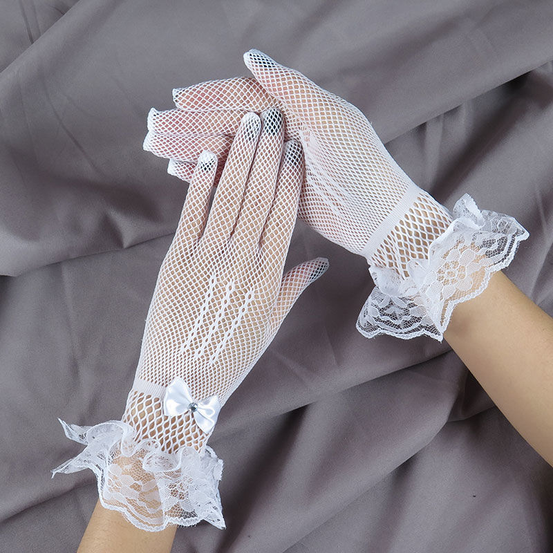 Ladies Short Lace Gloves Maid Sheer Fishn Net Black White Prom Tea Party Gloves Female&#39;s Fashionable Mittens for Women