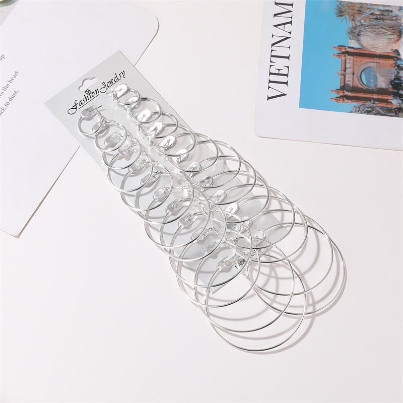 12-piece Earrings Set of Exaggerated Geometric Big Circle Earrings for Women Hollow Round Gold Silver Colour Small Ears Ring