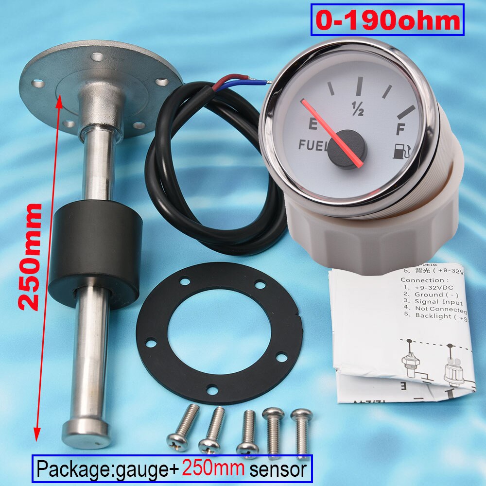 0-190ohm Oil Liquid Tank Fuel Sending Unit with Fuel Level Gauge Red Backlight Pointer 52MM Gauge Fuel Level Sensor Indicator: 250MM