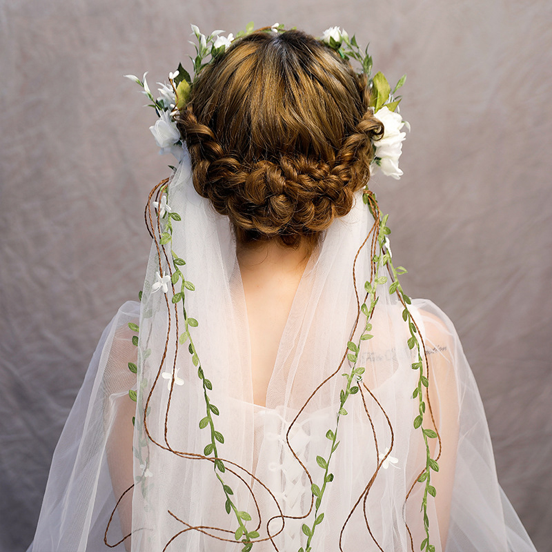 Bridal Wedding Tule Sluier Womens Rainbow Kunstbloemen Crown Lange Wijnstok Lint Hoofdband Haar Krans
