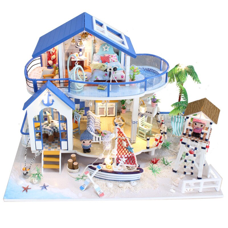 Miniatura Holz Puppenhaus DIY Mini Villa modell Möbel Miniaturas Puppenhaus Spielzeug für freundlicher Legende Der Blau Meer