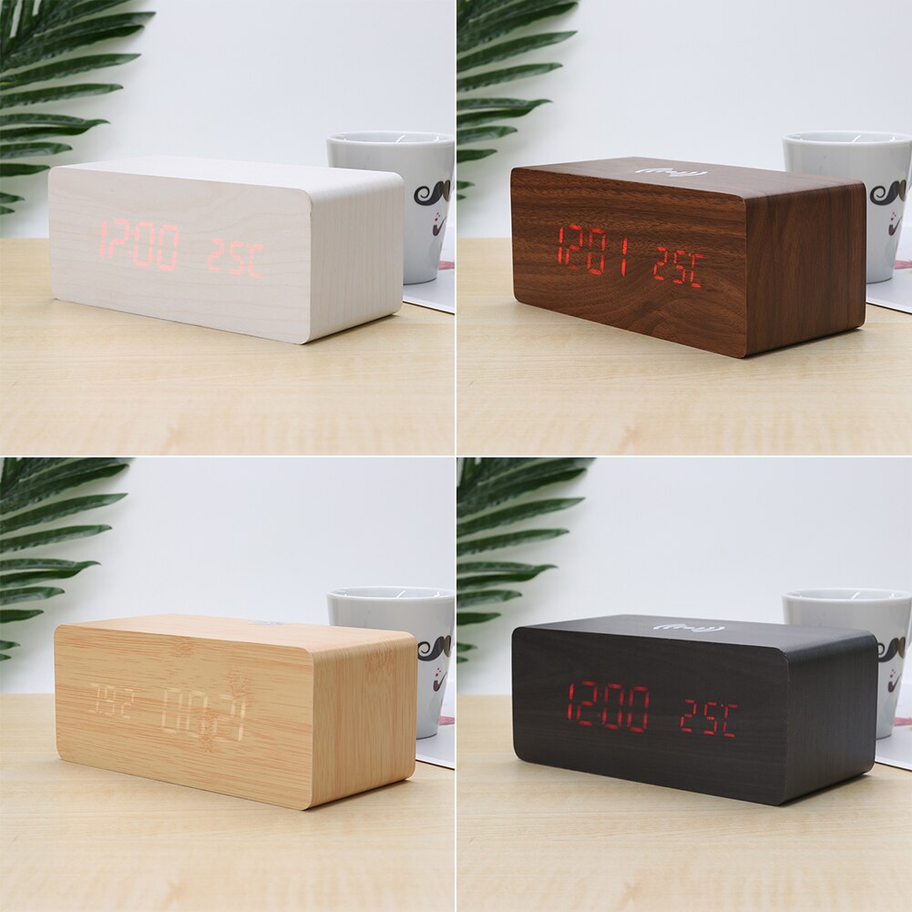 Wooden Alarm Clock with Wireless Charging Pad LED Digital Sound Control Phone Charge Multifunction Snooze Desk Clock