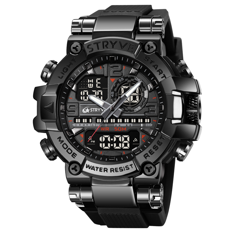 STRYVE Men's Watch Digital-Analog Dual Movement 5ATM Waterproof Watches Sports Watch for Men's 8025: black