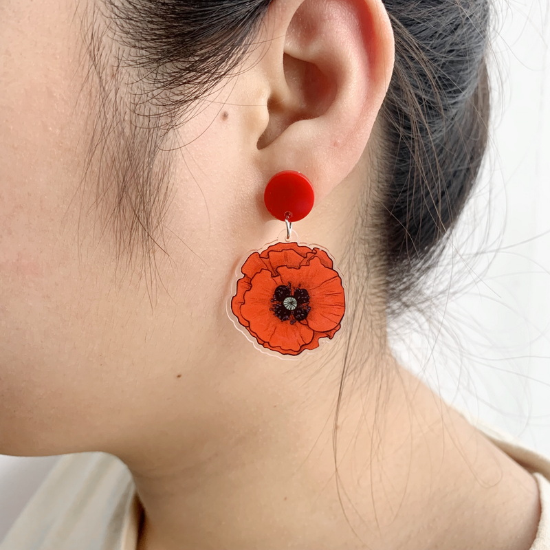 Rød valmue blomst sort kors hjerte form cirkel med blomster akryl ørestikker romantiske valmuer buket broche smykker