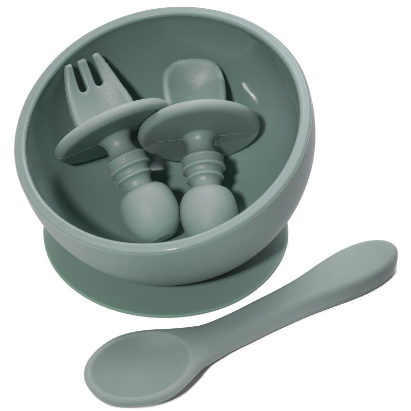 4 stk sæt baby bordservice børns bærbare mini gaffel ske lille skål plade og silikone ske børn: Salvie