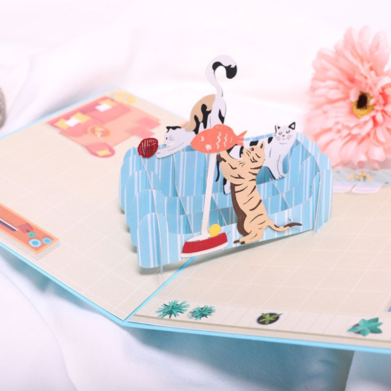 DIY Grußkarten handgefertigt Geburtstag Hochzeit Einladung 3D Pop hoch Karte Katze Fisch