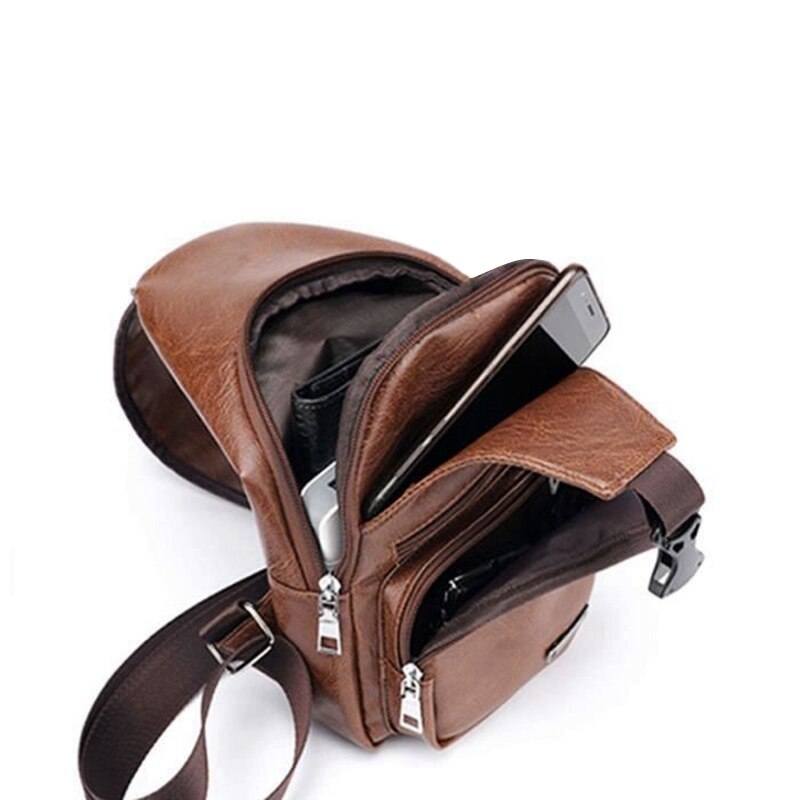 Sac de poitrine pour homme avec Port de Charge sac USB rétro bandoulière en cuir Pu Vintage sac d'affaires pochette pour Sport marron foncé