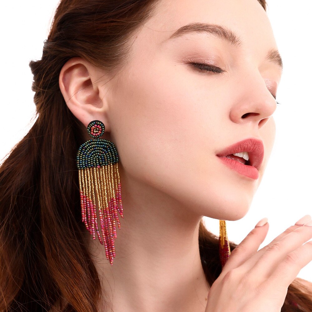 Pendientes bohemios hechos a mano con cuentas de arroz de colores, aretes con borlas, creativa, estilo étnico, pendientes con características para mujer