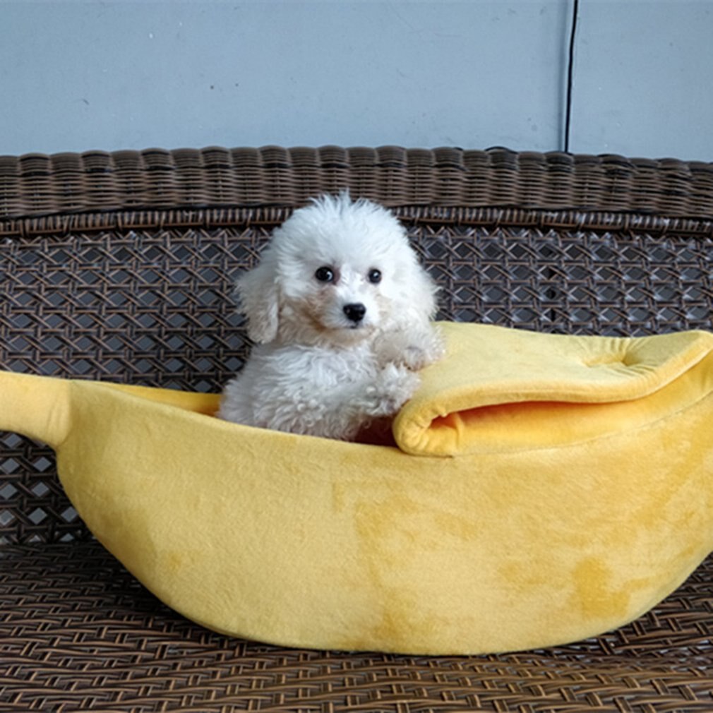 Morsom banan form kjæledyr katt seng hus koselig søt banan valp pute kennel varm bærbar kjæledyr kurv forsyninger mat senger